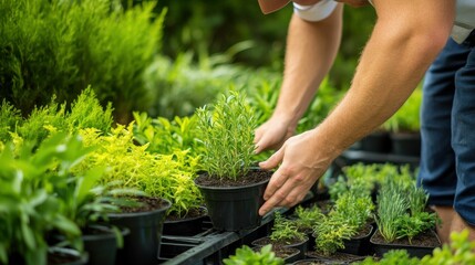 A man is planting a small plant in a black pot