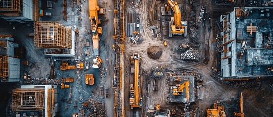 Bird's-eye view of a construction site with machinery.