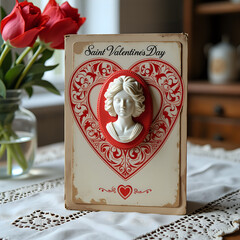 Vintage Valentine's Cameo Card with Red Heart and Porcelain Portrait on Lace