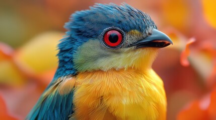 a colorful bird with red eyes