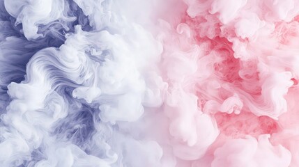 Fototapeta premium A swirling dance of ink clouds, featuring radiant pink shades dominating the right, while pure whites and muted lilac hues take over the left. 