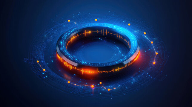 futuristic glowing wearable health monitor ring with digital data visualization