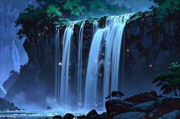 abstract waterfall set in a tranquil night atmosphere with the soft glow of a full moon illuminating the background
