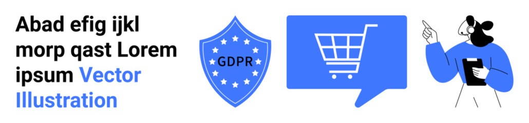 Shield with GDPR text, shopping cart inside speech bubble, figure holding clipboard. Ideal for data security, e-commerce, consulting, business presentations, digital services, online shopping