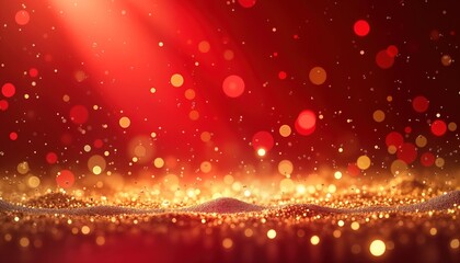 Vibrant red background with gold glitter particles. Festive, celebratory atmosphere for New Years Eve. Luxurious, elegant design perfect for celebration. Sparkling gold particles. Red, gold shine.