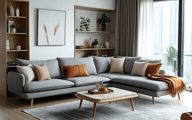 Modern gray sectional sofa in bright living room with wooden shelves, coffee table, and natural decor.