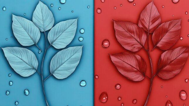 A symmetrical design featuring a single stem with leaves arranged on both sides, split vertically into two distinct halves. 