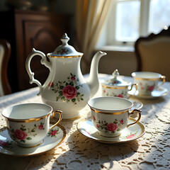 Fototapeta premium Elegant Vintage Tea Set with Rose Pattern in Natural Light with Lace Tablecloth