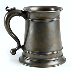 Vintage Pewter Tankard with Decorative Bands on White Background