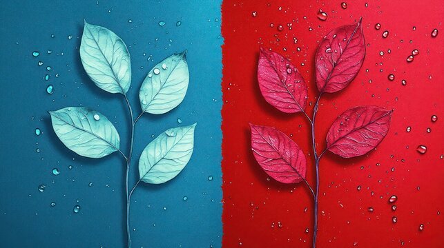 A symmetrical design featuring a single stem with leaves arranged on both sides, split vertically into two distinct halves. On the left side, the background is a deep cyan blue, and the leaves.