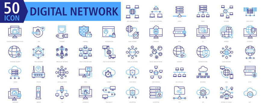 Digital Network Icon Set Outline Colour with Wide Area Networks,Local Area Networks,Server,Proxy,Network,Data Center