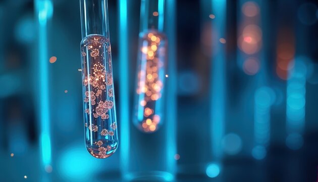 Test tubes with glowing particles suspended in liquid. Modern tech lab scene. Pharmaceutical research biosimilar development. Futuristic design. Medical innovation concept. Advanced research. Biotech
