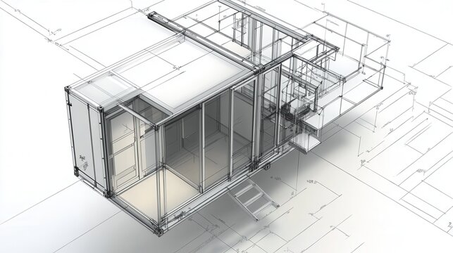 Architectural 3D Model of a Container House Design Blueprint with Detailed Specifications