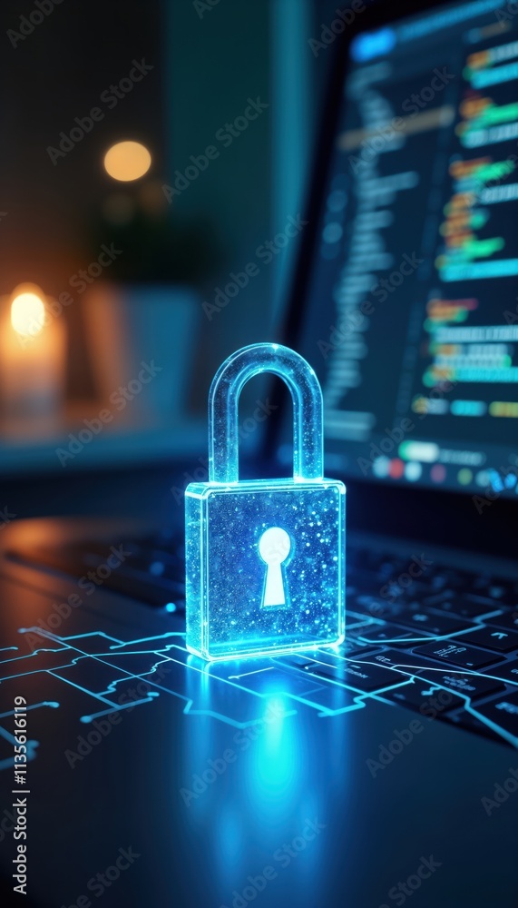 Poster Digital lock icon glows on laptop keyboard. Cybersecurity concept. Modern tech privacy management for data transfer. File protection illustrated. Advanced risk management. Focus on data security