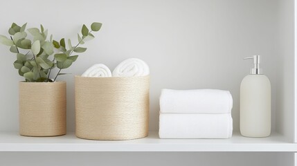 A shelf with a white wall and a white basket with a white towel in it
