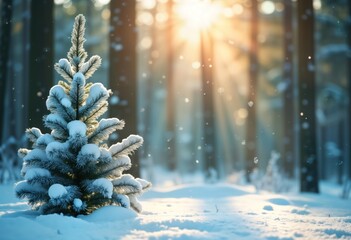 Snowy winter forest scene with small pine tree covered in snow under sunny light. Winter wonderland landscape. Sunbeams shine through trees. Snowy forest. Nature scene in cold weather. Ideal for