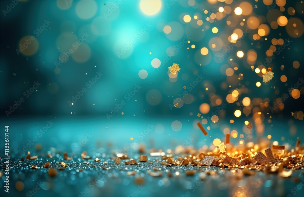 Poster festive background with golden glitter confetti, fireworks on blue bokeh lights. celebration atmosph