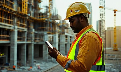 A construction worker checks his phone at a building site, managing tasks and communication.