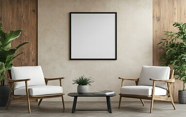 Modern living room interior with two armchairs, coffee table, plants, and blank frame on beige wall.