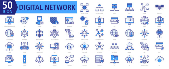 Digital Network Icon Set Blue with Wide Area Networks,Local Area Networks,Server,Proxy,Network,Data Center