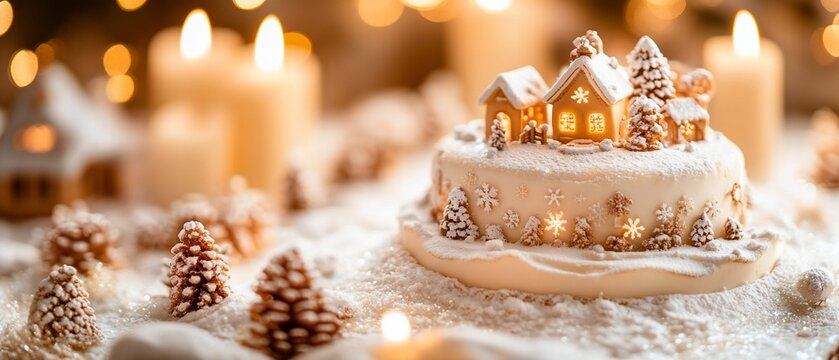 Festive winter cake with miniature houses and candles.