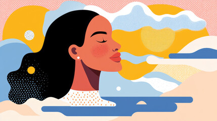 colorful minimalist woman profile portrait illustration with abstract art elements in modern design  