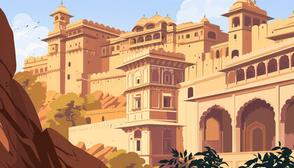 Obraz premium Illustration of a Hillside Fortress Complex in India