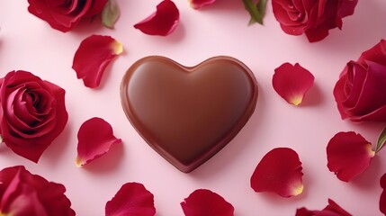 Fototapeta premium Heart shaped chocolate valentine gift surrounded by red roses on pink background, heart, love, chocolate, valentine, gift