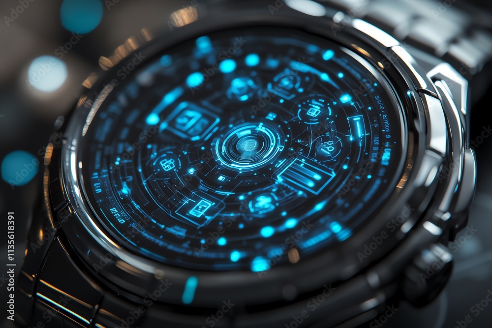 Poster a futuristic smartwatch display featuring digital icons and a sleek design.