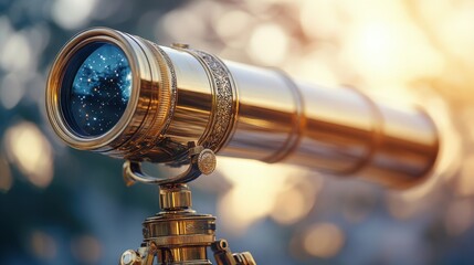 a gold telescope on a wooden tripod