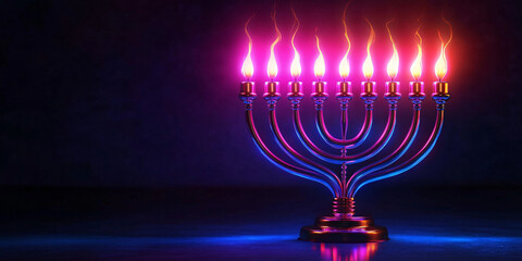 A modern neon menorah with glowing candles in vibrant blue and pink hues, perfect for Hanukkah promotions, celebrations, and festive decorations.