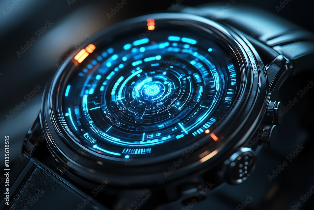 Fototapete A futuristic watch with a digital interface displaying intricate blue graphics.