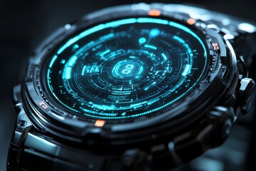 A futuristic digital watch with a glowing interface and intricate design.