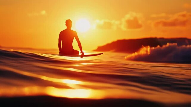 Defocused surf lesson in progress with an orange sky behind.