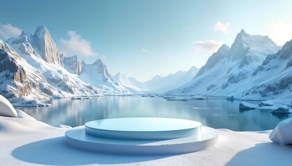 Empty light blue podium sits in winter landscape. Majestic snow-covered mountains, glaciers surround serene icy lake. Bright daylight illuminates scene under blue sky with soft clouds. Modern