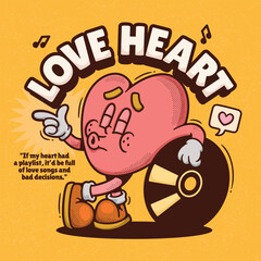 Love Heart Trendy Retro Cartoon Vector Hand Drawn