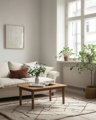 Naklejka premium Scandinavian Style Living Room Interior Design with Beige Sofa, Wooden Coffee Table, and Plants