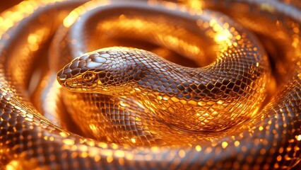 Fototapeta premium Bright golden snake basking under warm light in a tranquil setting