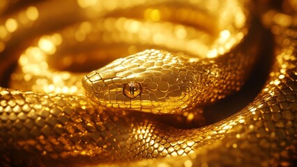Golden snake glistening under warm light in a serene environment