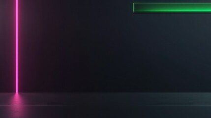 Obraz premium A simple dark background with a glowing magenta vertical line on the left side. On the top-right, a horizontal green bar emits soft light, forming a balanced.