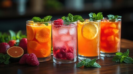 a group of glasses of juice and fruit