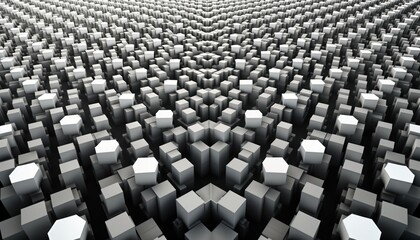 Fototapeta premium Abstract monochrome geometric pattern creates optical illusion. Layered 3D shapes form complex structures. Dynamic interplay of shapes, light-and-shadow creates depth. Minimalist design. Stylish