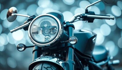 Fototapeta premium Artful Focus: Black Motorcycle Headlight and Handlebar Display