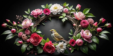 Black & White Rococo Wreath: Wild Roses, Nightingale, See You Soon Floral Illustration