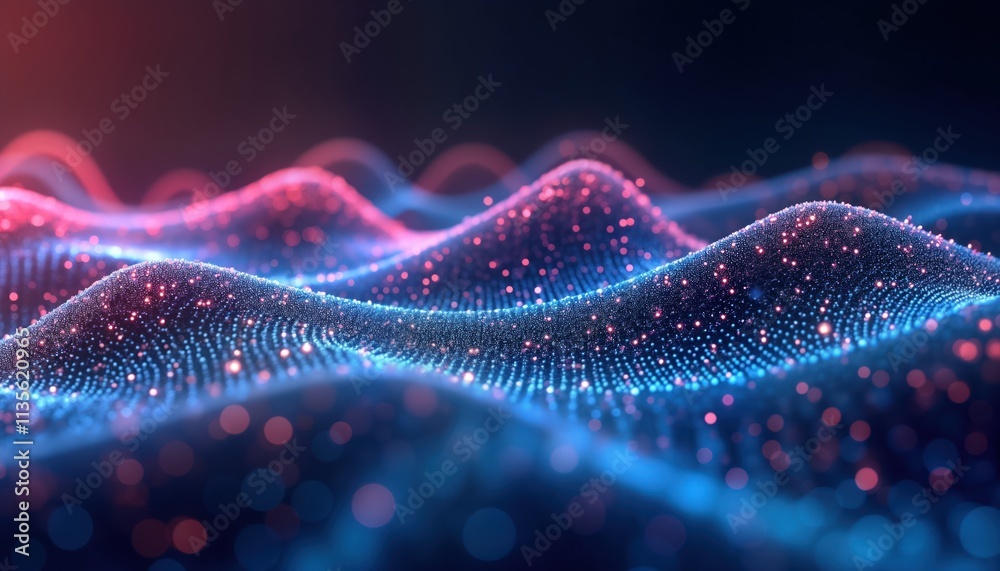 Poster Futuristic digital waves of glowing blue, pink dots create dynamic abstract background. Data flow sound waves represented by soft motion. Modern design elements show vibrant colors. Fluid patterns