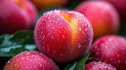 a group of peaches with water droplets on them