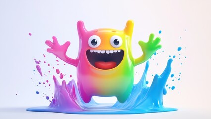 Colorful character joyfully splashes in vibrant paint