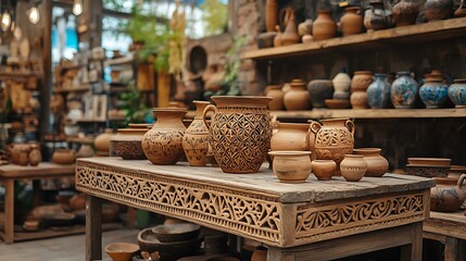 Fototapeta premium A handcrafted rustic wooden display stand with intricate carvings, showcasing artisanal pottery in a cozy craft market with warm natural lighting and earthy decor, charming and inviting. --ar 16:9