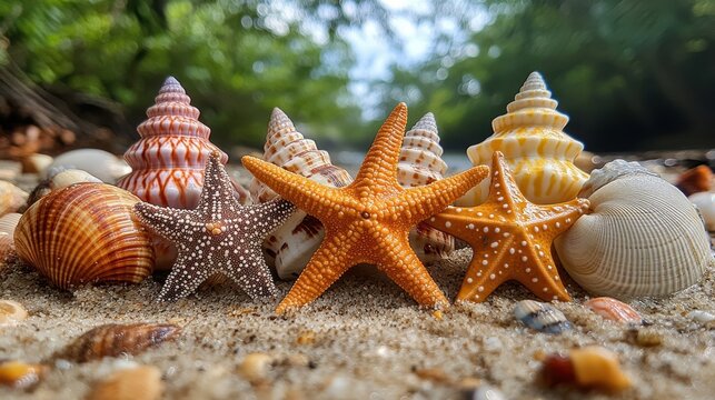 a group of seashells and starfish on sand