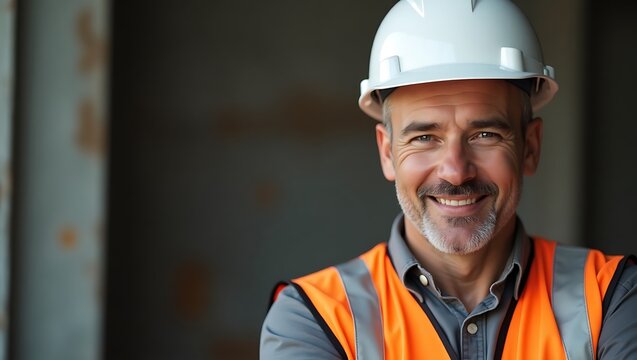 A construction worker in a white hard hat and safety vest looks directly at the camera with a slight smile.
